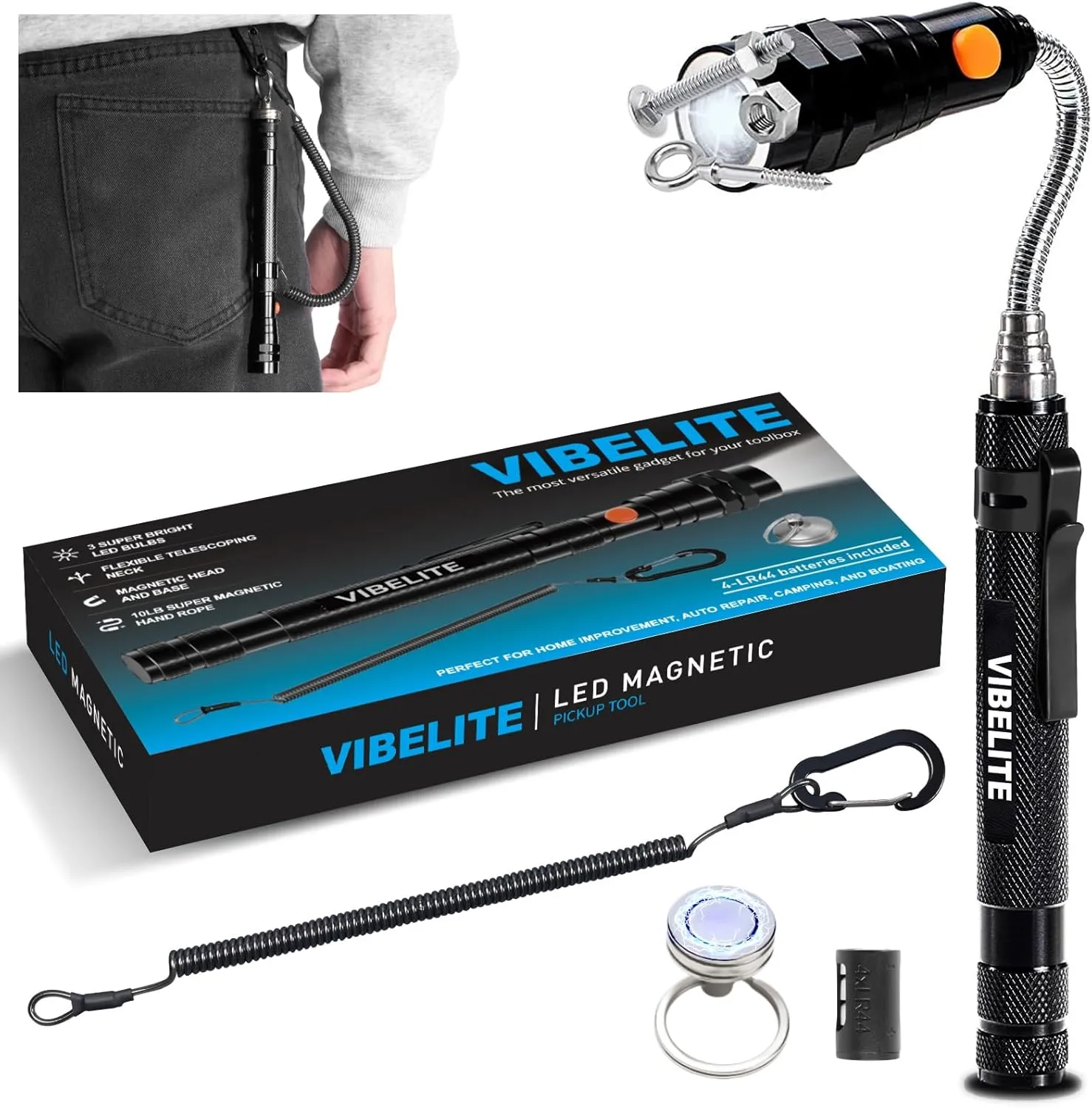 Fathers Day Dad Gifts for Dad, Magnetic Flashlight with Tool Magnetic Lanyard, Telescoping Magnet Pickup Tool, Cool Gadgets Gifts Idea, Birthday Gifts for Men, Handyman, Husband, Boyfriend, Him