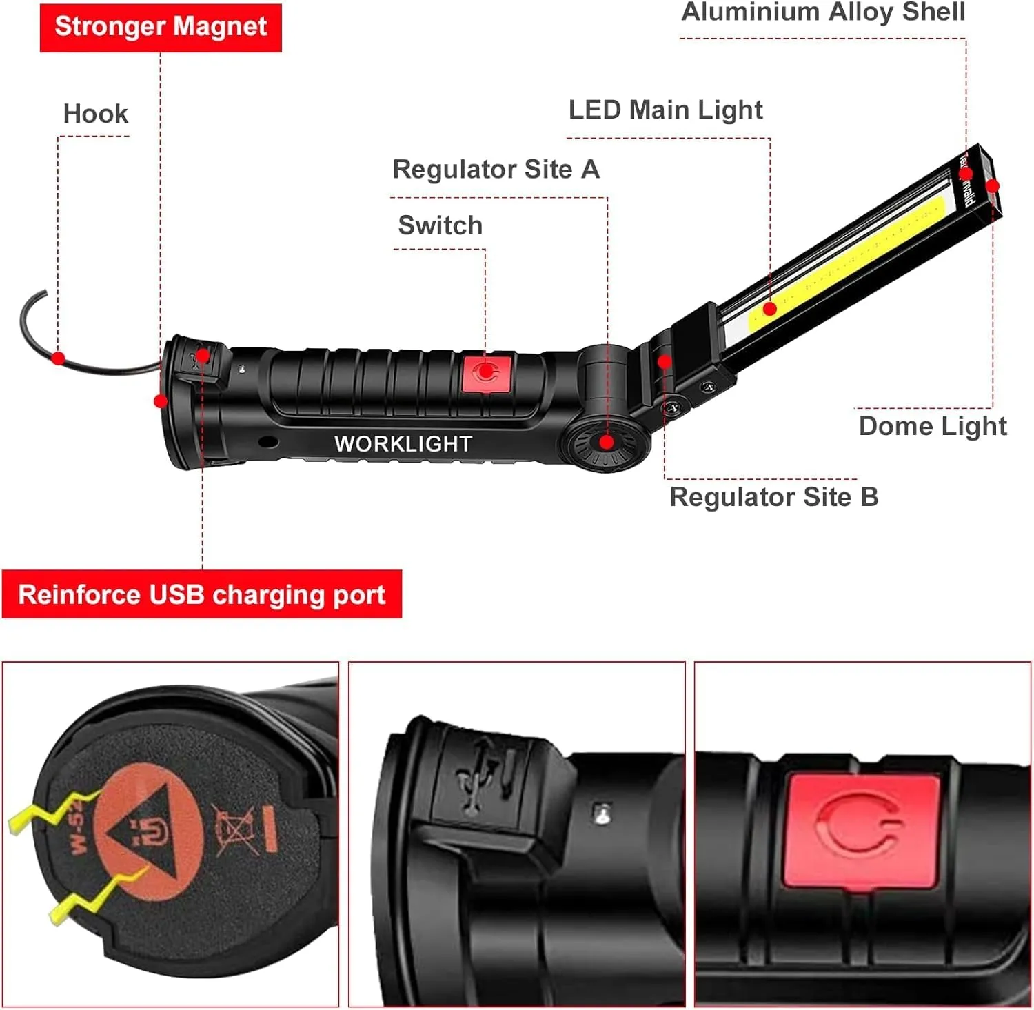 Fathers Day Tool Gifts for Men Dad,Rechargeable LED Work Light with Magnetic Base and Hanging Hook,5 Modes Rechargeable Flashlights,360°Rotate Mechanic Grill Light for Car Repair,Workshop,3pcs