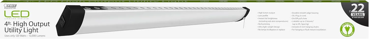 Feit Electric 3ft LED Utility Light, 3000 Lumens, 4000K Cool White, Plug-in, Flush/Hanging Mount, Ultra-Lightweight, 30W LED Shop Light and Under Cabinet Light, 50,000-Hour Lifespan, SHOP/3X1/840/V1