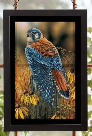 Fencepost Perch - Kestrel Stained Glass Art by Rosemary Millette