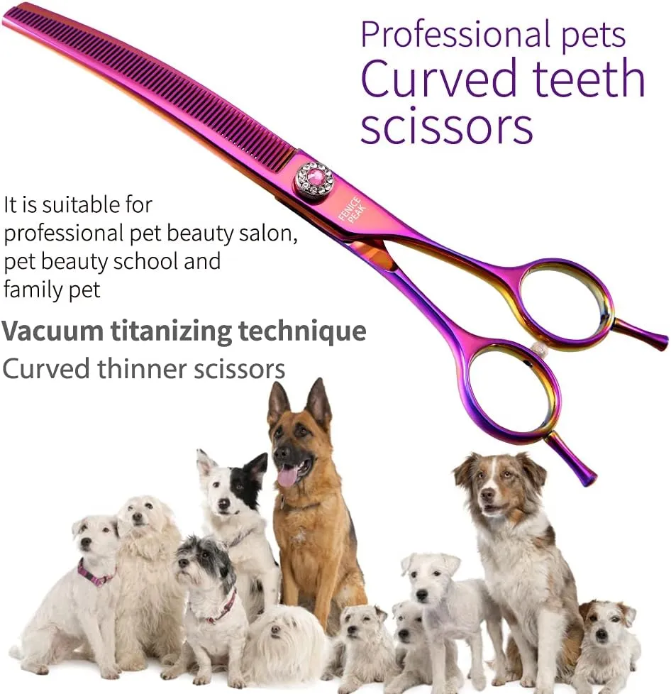 Fenice Peak Professional Dog Grooming Scissors Pet Curved Thinning Shears 7.0'' Extremely Sharp Blades 440C Thinning Scissors Durable Smooth Motion & Fine Cut for Dogs and Cats (Multicolored)