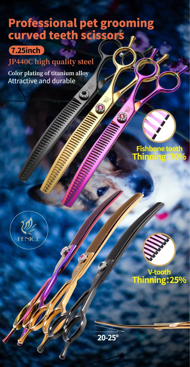 Fenice Professional JP440c 7 inch High quality Pet dog Grooming Scissors Curved thinning Shears Chunker Thinner Scissors