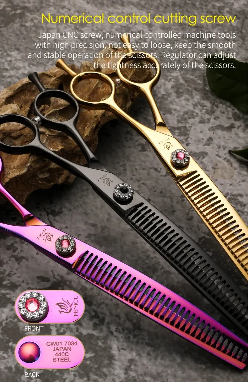 Fenice Professional JP440c 7 inch High quality Pet dog Grooming Scissors Curved thinning Shears Chunker Thinner Scissors