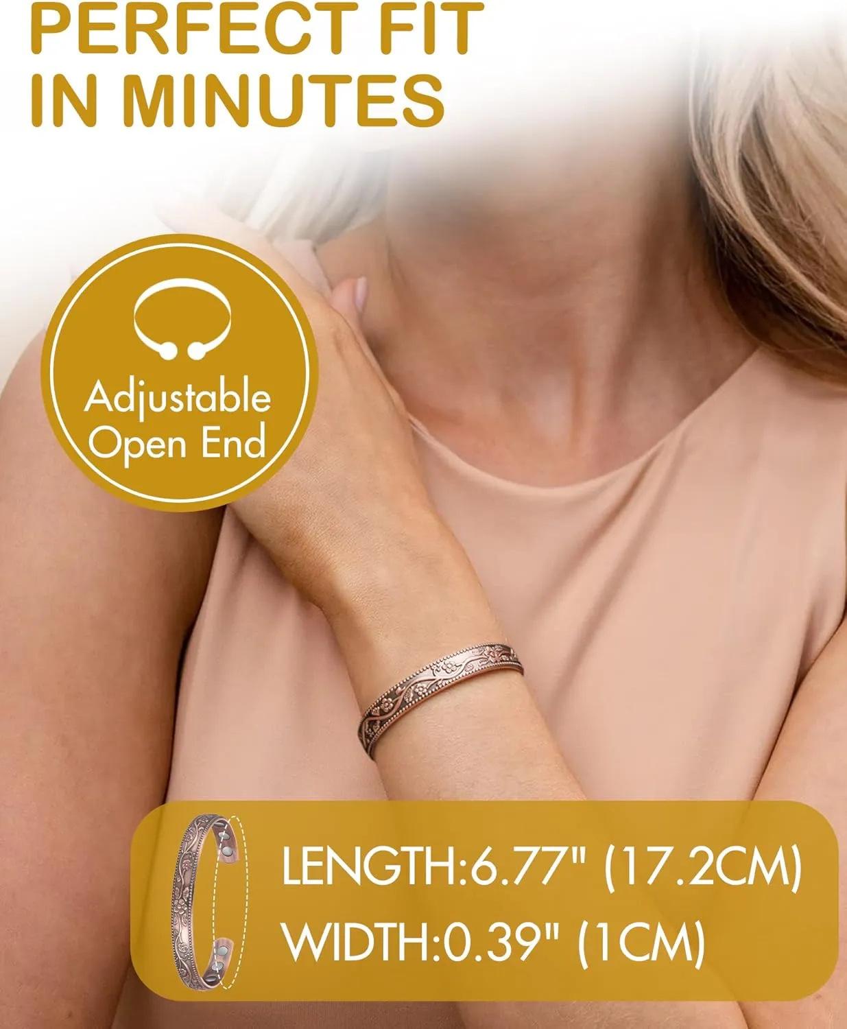 Feraco Copper Bracelet for Women, Ultra Strength Magnetic Bracelets, 99.99% Pure Copper Cuff Bangle with 3500 Gauss Neodymium Magnets, Adjustable, Vintage Flower Collection