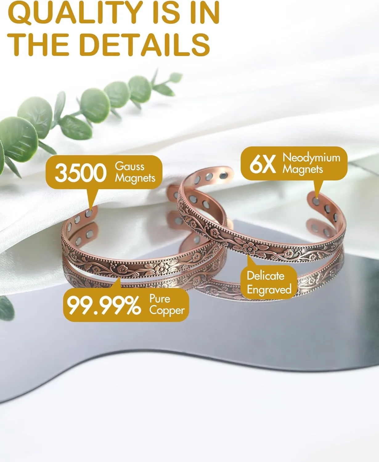 Feraco Copper Bracelet for Women, Ultra Strength Magnetic Bracelets, 99.99% Pure Copper Cuff Bangle with 3500 Gauss Neodymium Magnets, Adjustable, Vintage Flower Collection