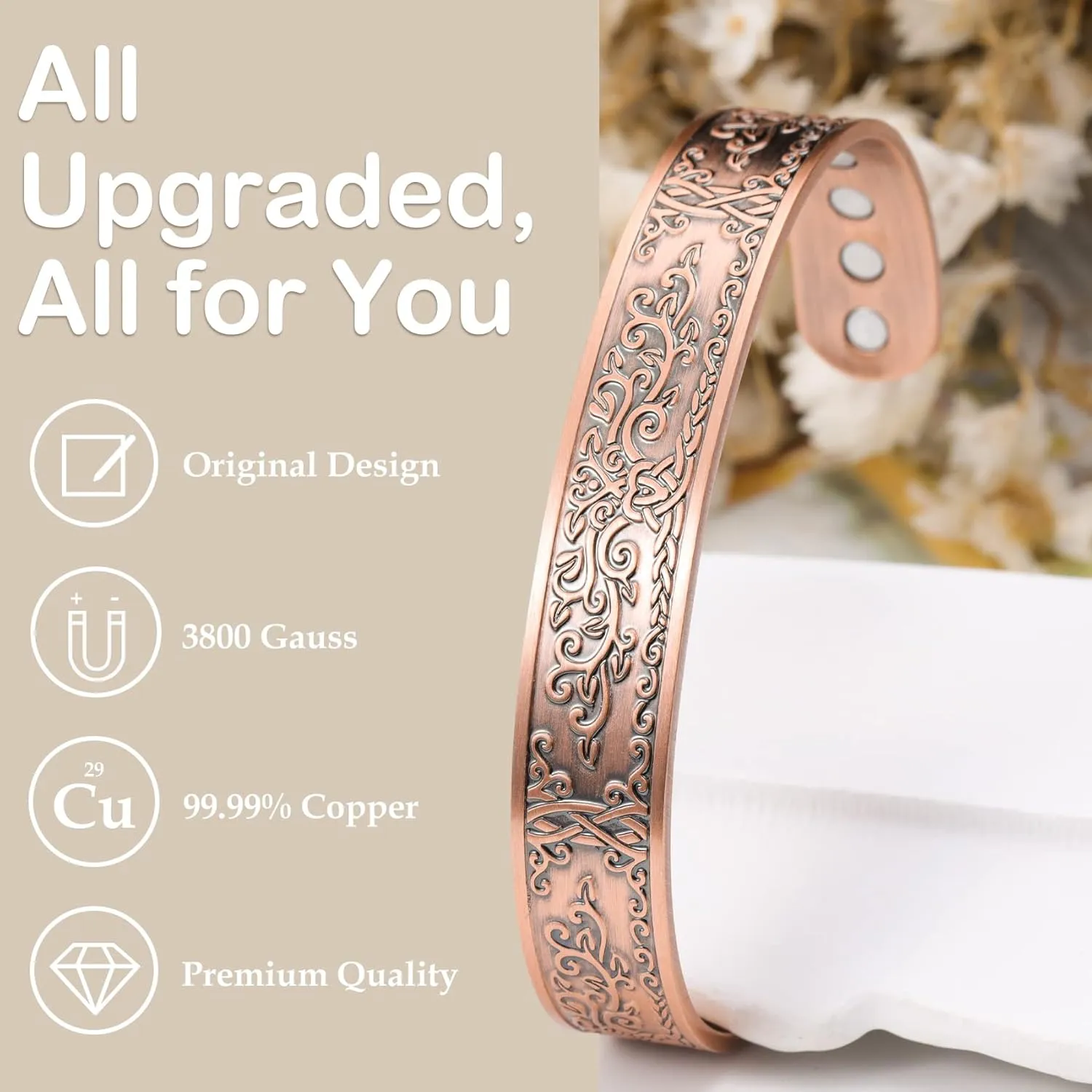 Feraco Copper Bracelets for Men, 12X Strength Wide Pure Copper Magnetic Bracelet for Men with Neodymium Magnets, Adjustable Cuff Bangle with Giftable Box