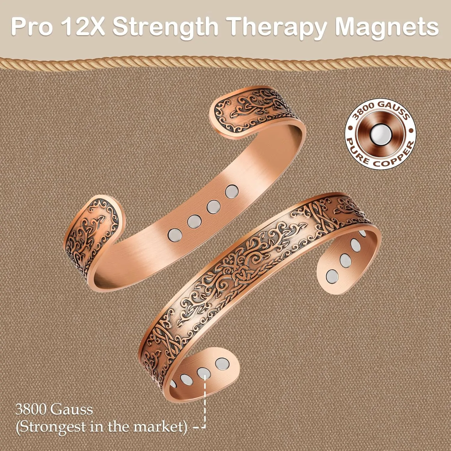 Feraco Copper Bracelets for Men, 12X Strength Wide Pure Copper Magnetic Bracelet for Men with Neodymium Magnets, Adjustable Cuff Bangle with Giftable Box