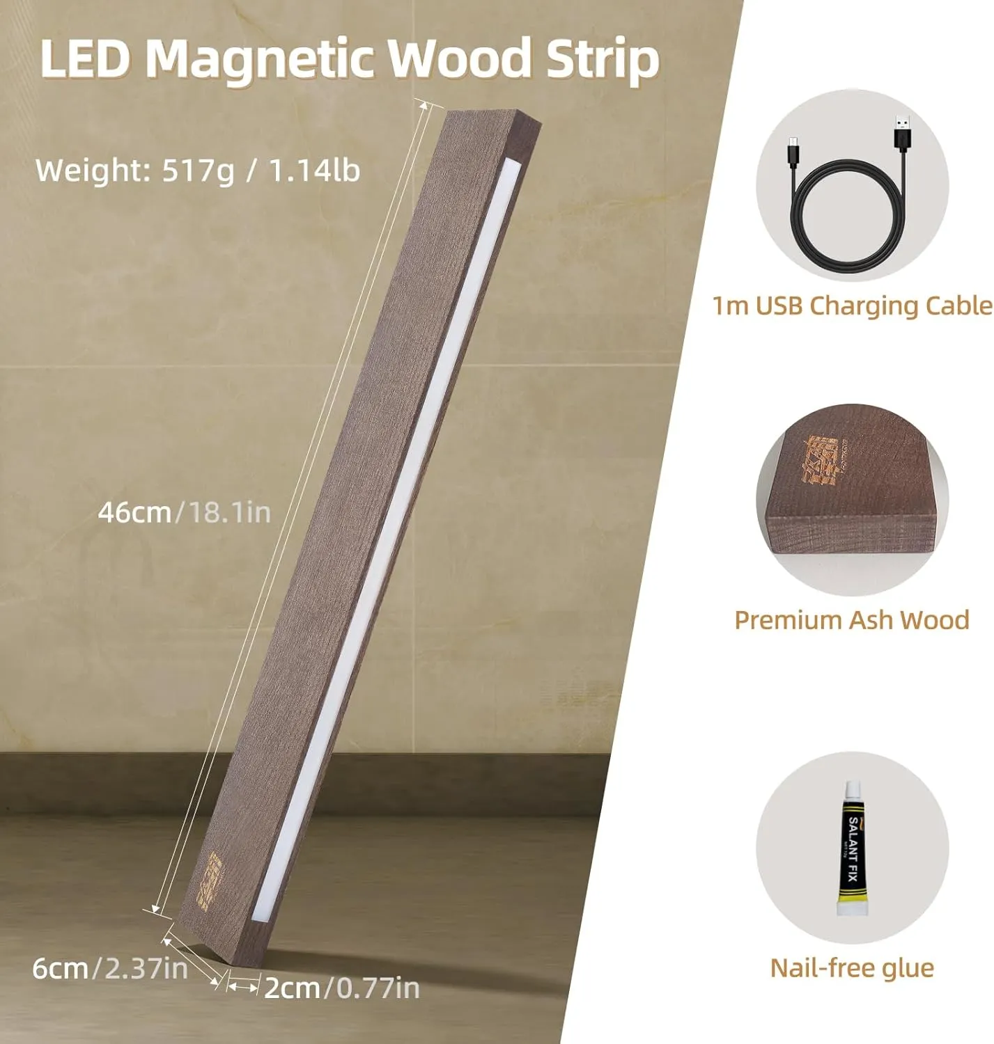 FINDKING 18 Inches Lighted Magnetic Knife Strip, Backlit LED Utensil Holder for Wall and Refrigerator, Magnet Knife Rack for Home Kitchen, No Drill (Ash Wood, Dark Brown)