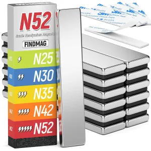 FINDMAG N52 Rare Earth Neodymium Magnet, Super Strong Magnets Heavy Duty Bar Magnets with Double-Sided Adhesive, Powerful Bar Magnet for Fridge, Garage, Kitchen, 60x10x3mm, 12Pack