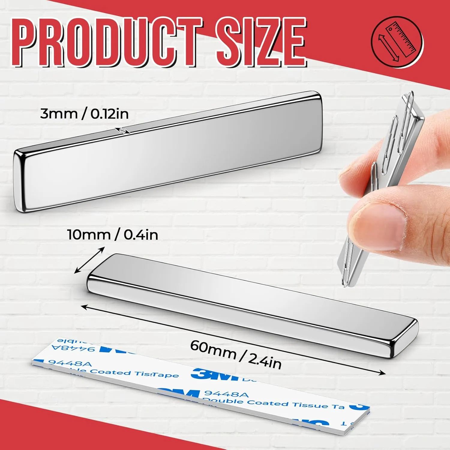 FINDMAG N52 Rare Earth Neodymium Magnet, Super Strong Magnets Heavy Duty Bar Magnets with Double-Sided Adhesive, Powerful Bar Magnet for Fridge, Garage, Kitchen, 60x10x3mm, 12Pack