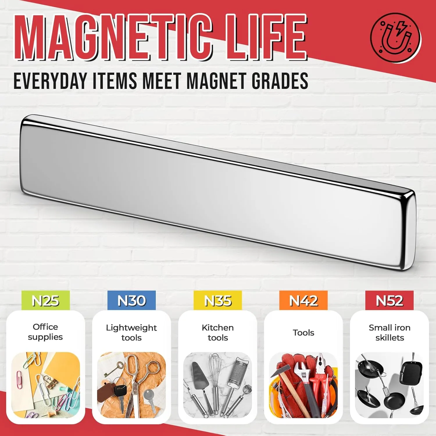 FINDMAG N52 Rare Earth Neodymium Magnet, Super Strong Magnets Heavy Duty Bar Magnets with Double-Sided Adhesive, Powerful Bar Magnet for Fridge, Garage, Kitchen, 60x10x3mm, 12Pack