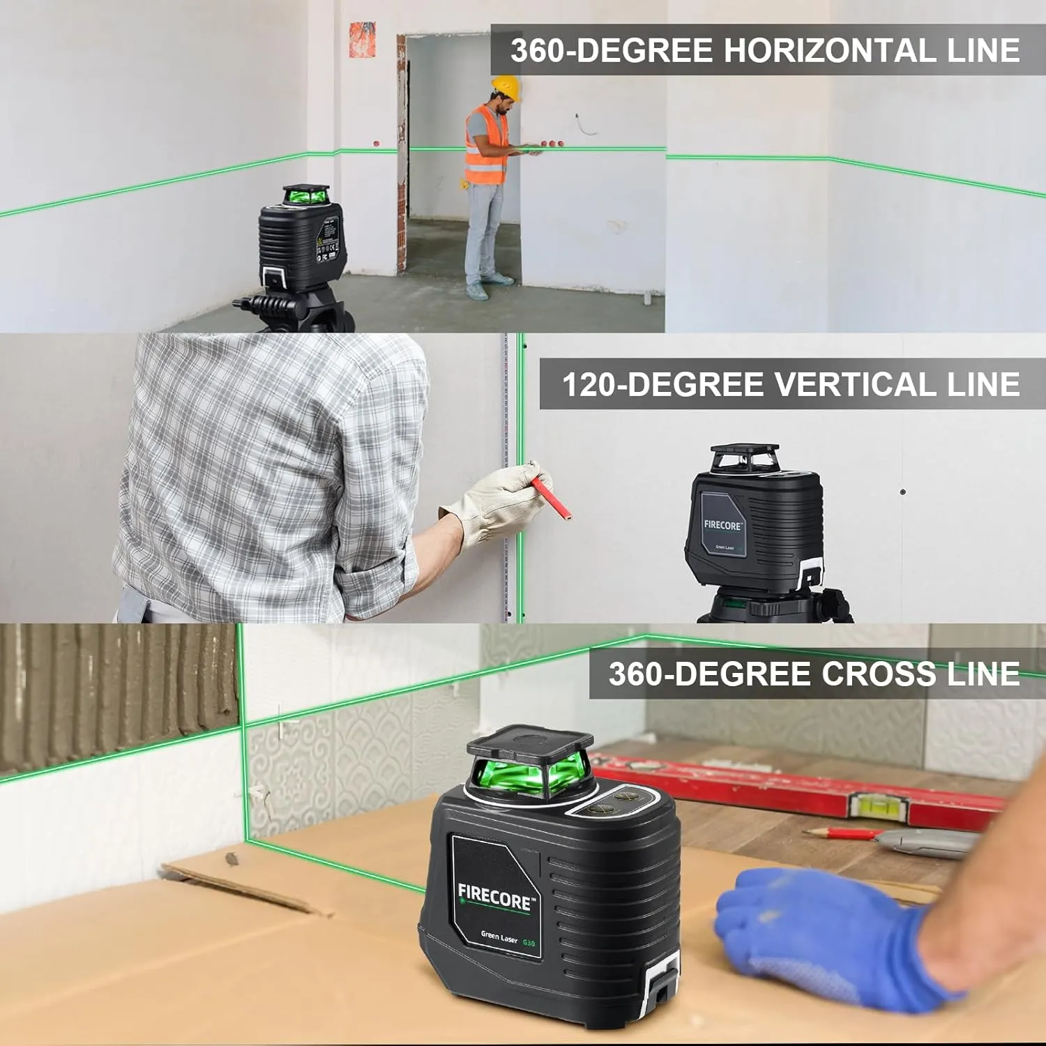 Firecore Laser Level with Tripod, 360° Self Leveling Cross Line Laser Level, Green Line Leveler Tool for Hanging Pictures Floor Tile Wall Construction, L-Bracket, AA Batteries & Carry Pouch Included