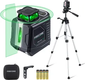 Firecore Laser Level with Tripod, 360° Self Leveling Cross Line Laser Level, Green Line Leveler Tool for Hanging Pictures Floor Tile Wall Construction, L-Bracket, AA Batteries & Carry Pouch Included