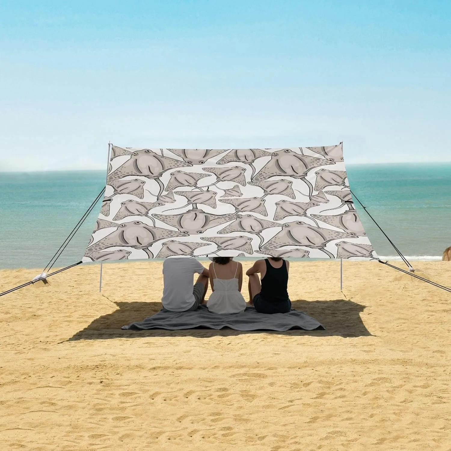 Fish Stingray Gray Pattern Beach Canopy Tent Anti-UV & Wind Resistant, Camping Sun Shelter Easy Setup Portable,Outdoor Shade Tents with Sandbags,Sand Shovels,Ground Pegs & Stability Poles