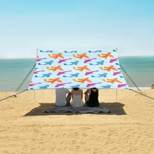 Fishes Watercolor Beach Canopy Tent Anti-UV & Wind Resistant, Blue Camping Sun Shelter Easy Setup Portable,Outdoor Shade Tents with Sandbags,Sand Shovels,Ground Pegs & Stability Poles