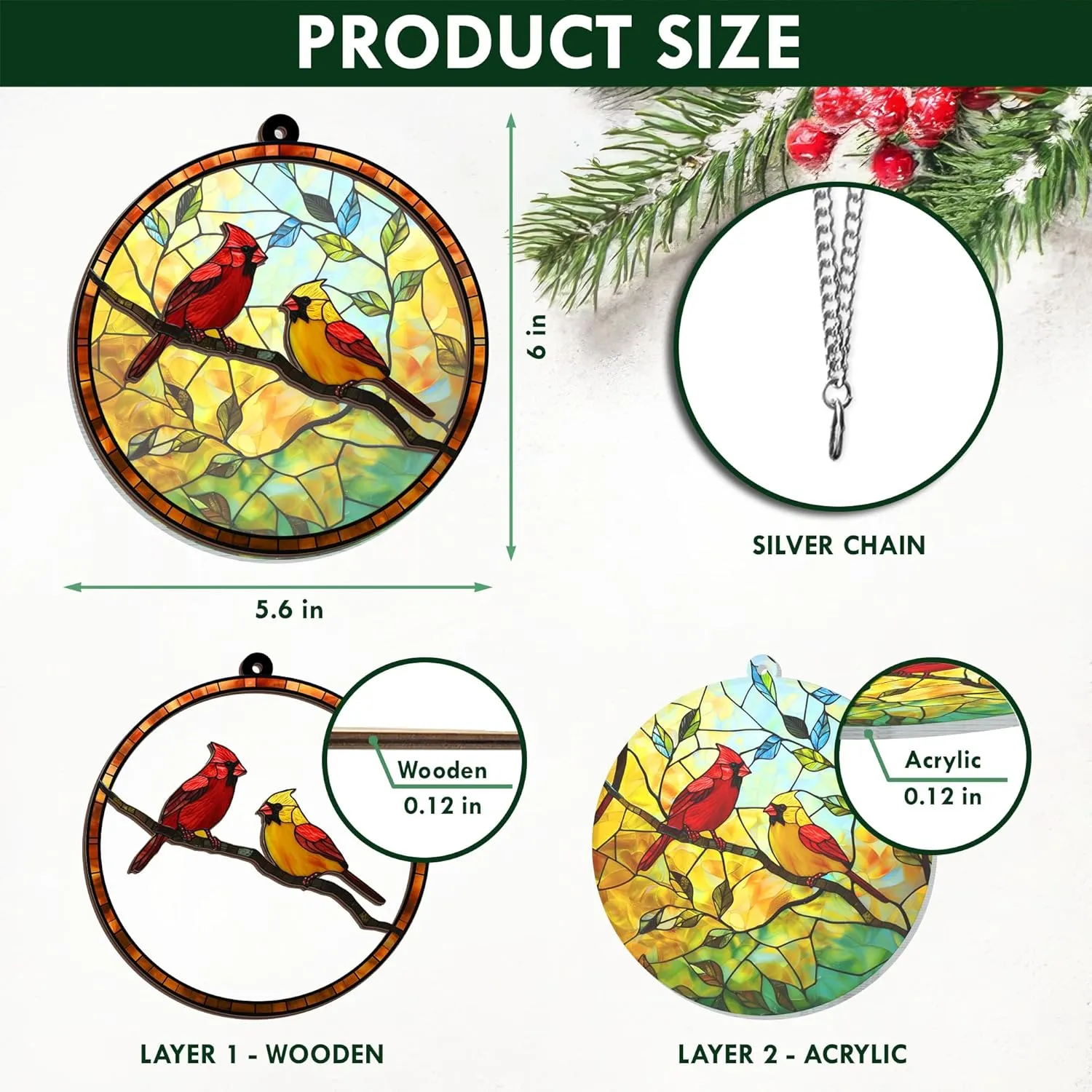 FLAGWIX Cardinal Gifts for Women, Men - Christmas Cardinal Suncatcher for Home Decor, Sympathy, Memorial Gifts, Bereavement Gift Ideas - Window Suncatcher Hanging Decorations