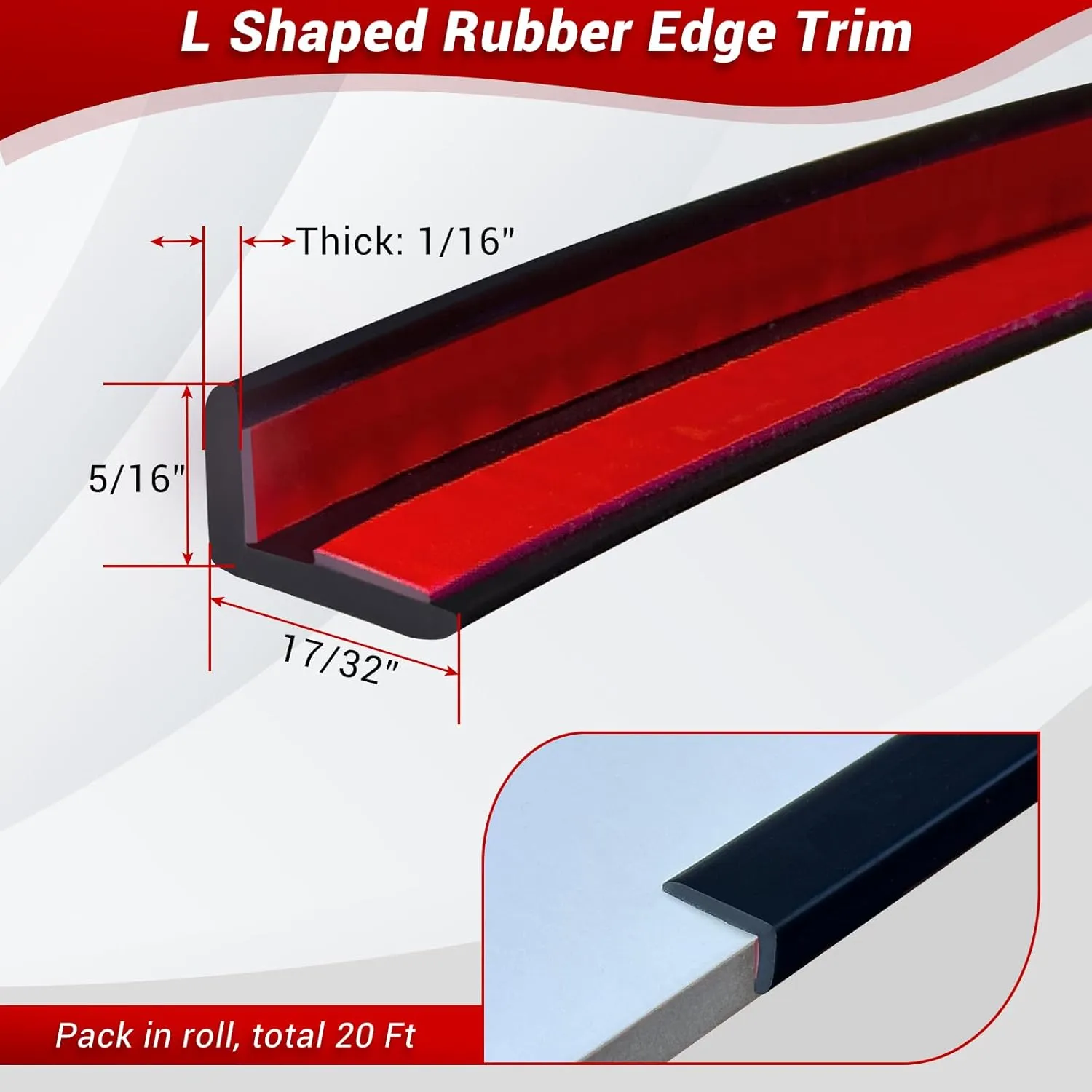 Flexible L-Shaped Rubber Edge Trim - 90 Degree Tile Corner Peel & Stick Edging Trim - Black, 20Ft, EPDM Material