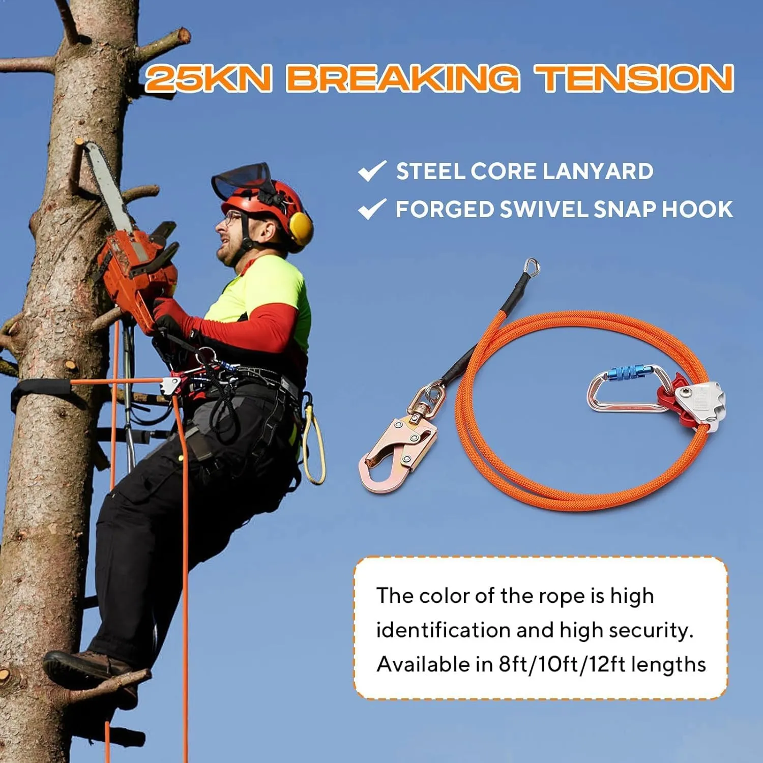 Flip Line - Tree Climbing Flipline Kit 1/2" X 12ft Wire Core Flipline Kit with Triple Lock Carabiner Adjuster,Climbing Lanyard for Arborist, Tree Climbers and Work-at-Height Gear