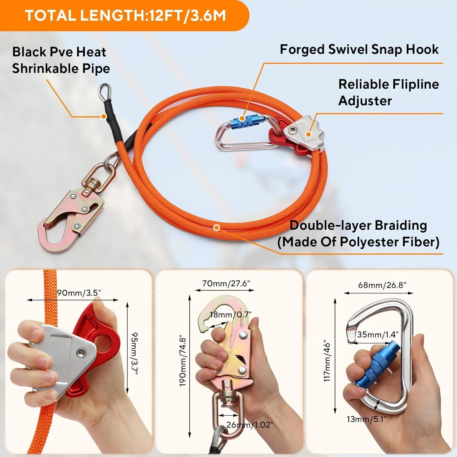 Flip Line - Tree Climbing Flipline Kit 1/2" X 12ft Wire Core Flipline Kit with Triple Lock Carabiner Adjuster,Climbing Lanyard for Arborist, Tree Climbers and Work-at-Height Gear