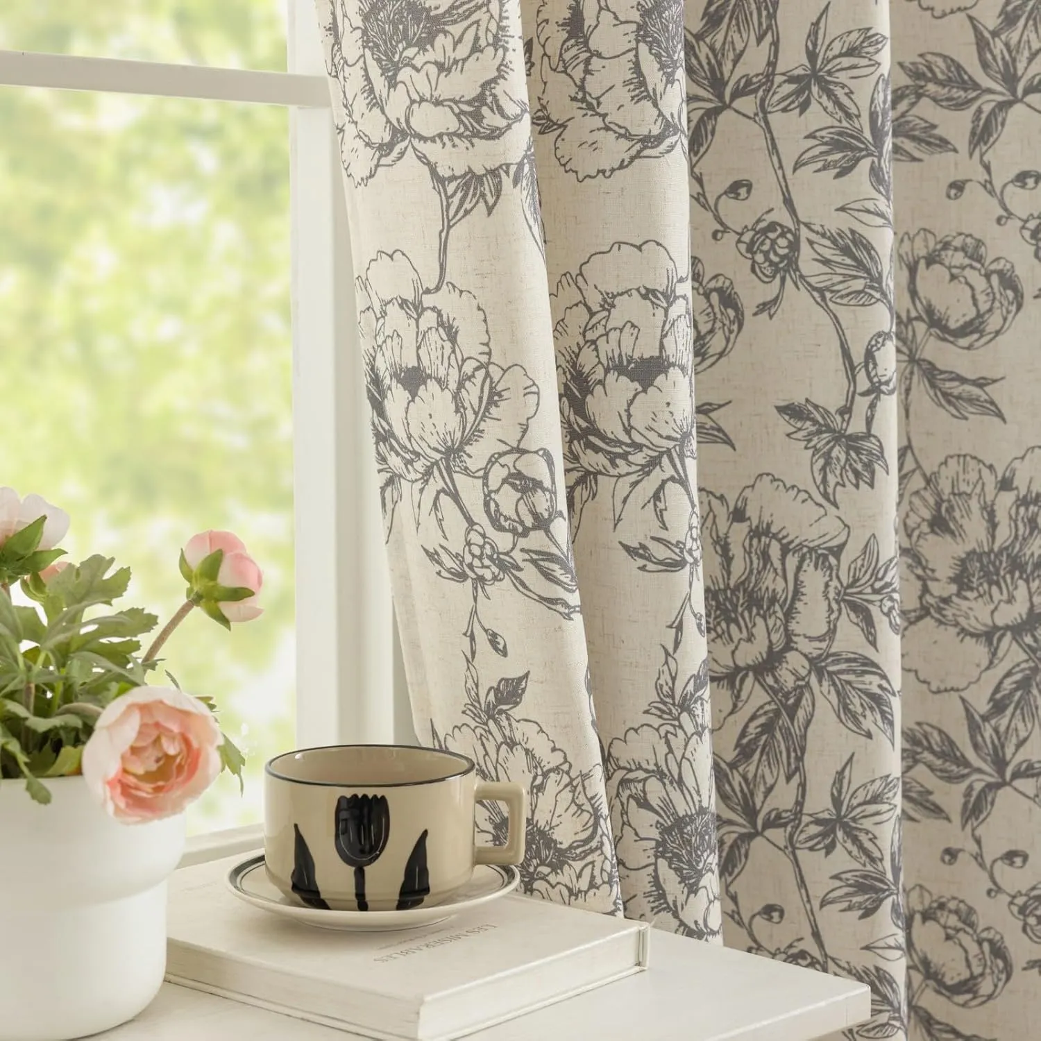 Floral Curtains 63 Inch Length 2 Panels Set Grommet Flower Print Curtains French Country Farmhouse Taupe Aesthetics Drapes for Bedroom Living Room, 52" W X 63" L,Peony