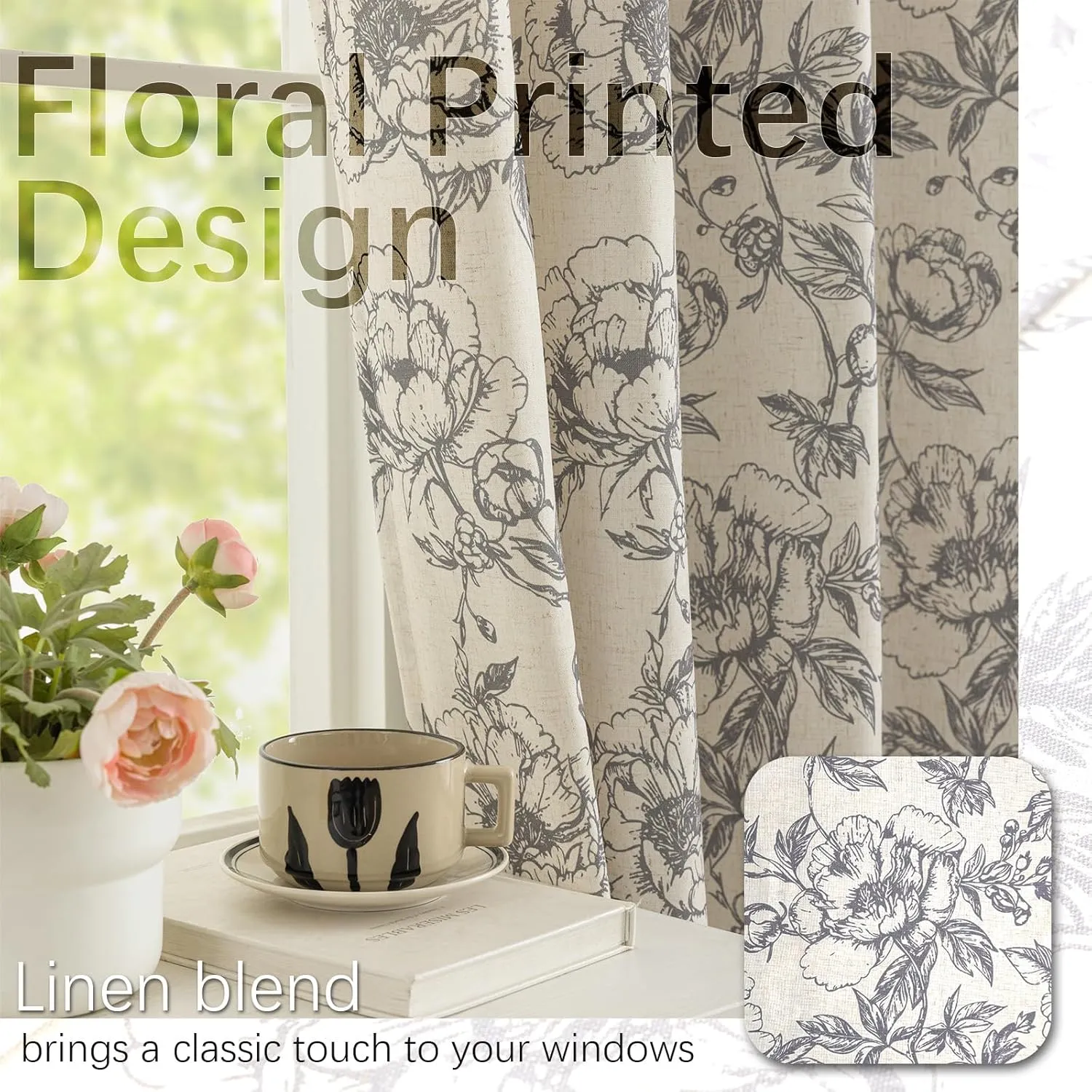 Floral Curtains 63 Inch Length 2 Panels Set Grommet Flower Print Curtains French Country Farmhouse Taupe Aesthetics Drapes for Bedroom Living Room, 52" W X 63" L,Peony