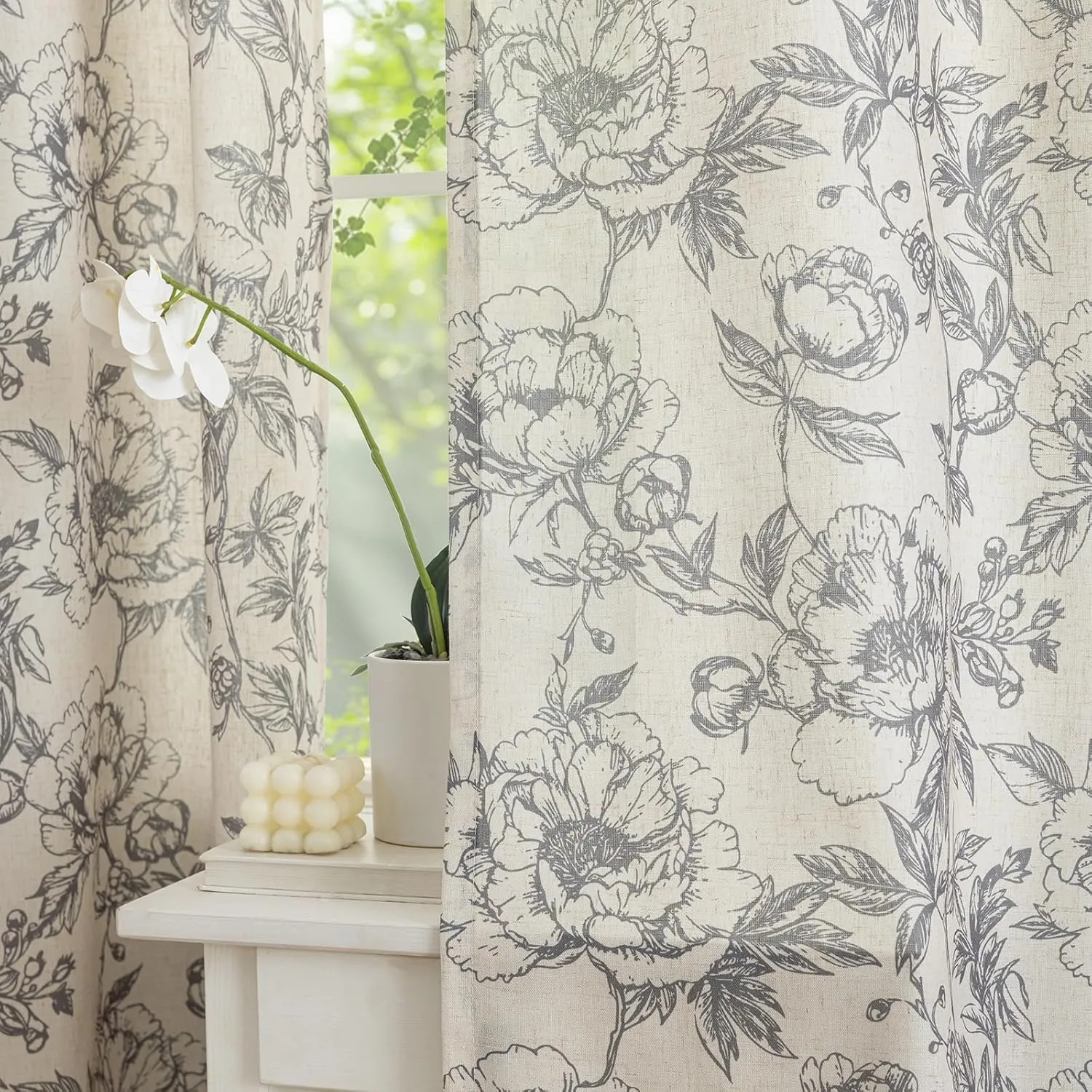 Floral Curtains 63 Inch Length 2 Panels Set Grommet Flower Print Curtains French Country Farmhouse Taupe Aesthetics Drapes for Bedroom Living Room, 52" W X 63" L,Peony