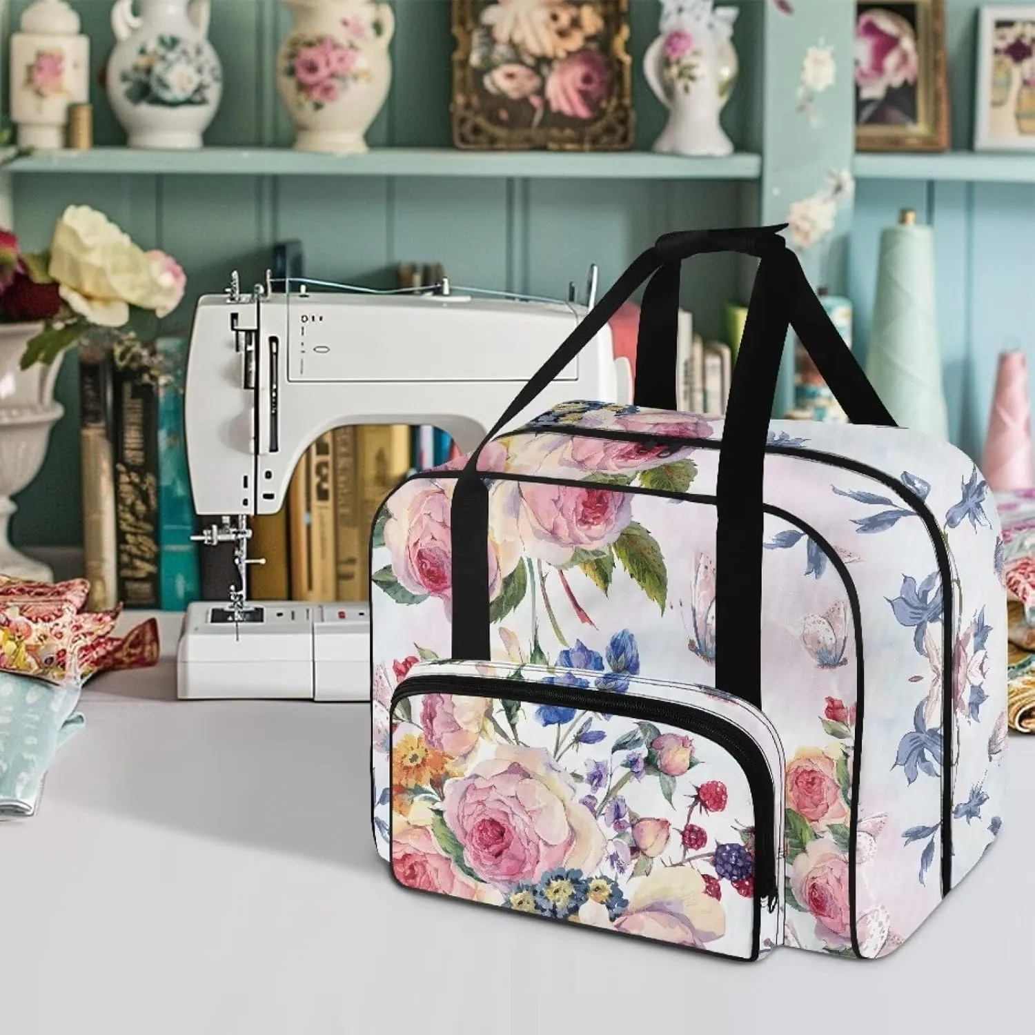Flower Machine Carrying Case Wear-Resisting Sewing Machine Case with Pockets Large Capacity Sewing Machine Cover Dust Cover Fits for Most Standard Sewing Machines Home Decor
