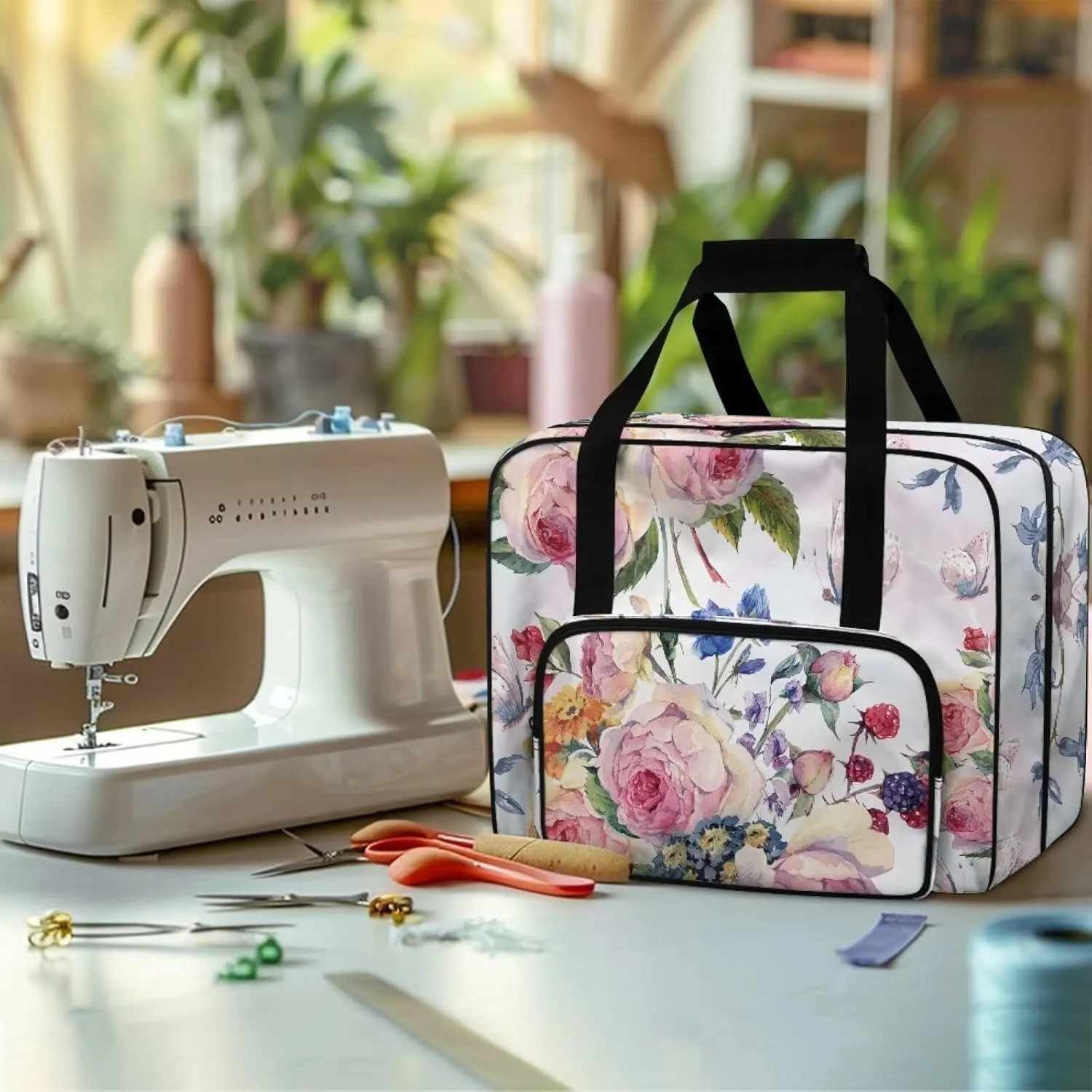 Flower Machine Carrying Case Wear-Resisting Sewing Machine Case with Pockets Large Capacity Sewing Machine Cover Dust Cover Fits for Most Standard Sewing Machines Home Decor