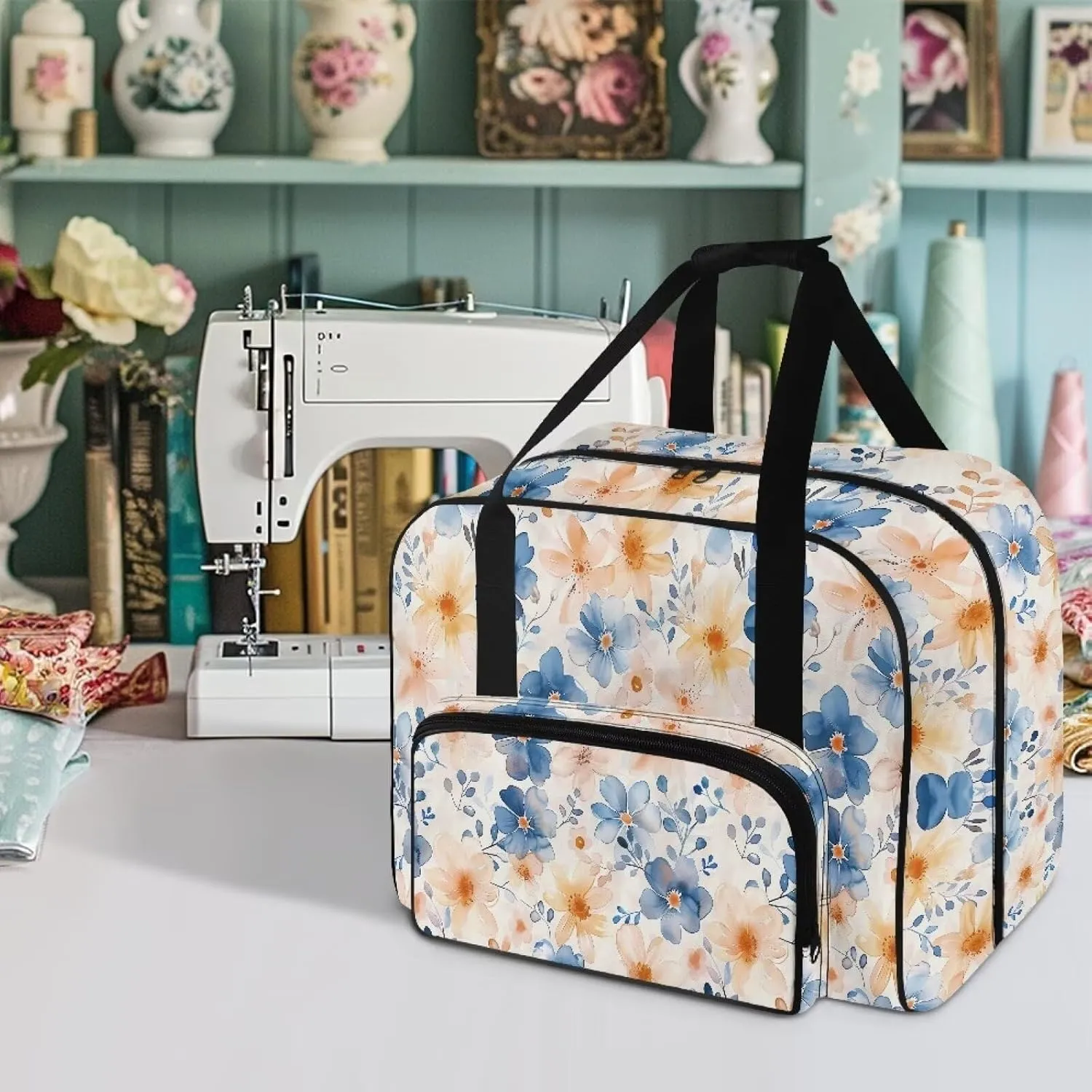 Flower Sewing Machine Carrying Case Portable Sewing Machine Handbag Large Capacity Sewing Machine Covers for Singer Brother Janome and Accessories Gift for Mom
