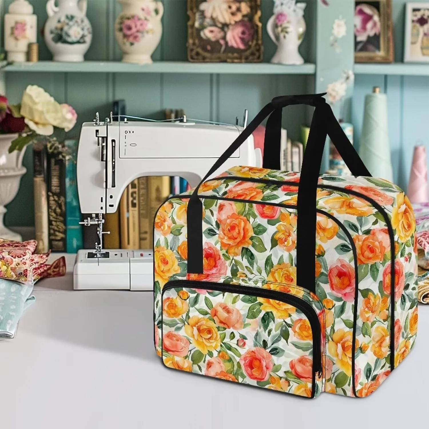 Flower Sewing Machine Case Portable Sewing Machine Handbag Large Capacity Travel Storage Carry Case with Pockets for Most Standard Sewing Machines and Accessories Gifts