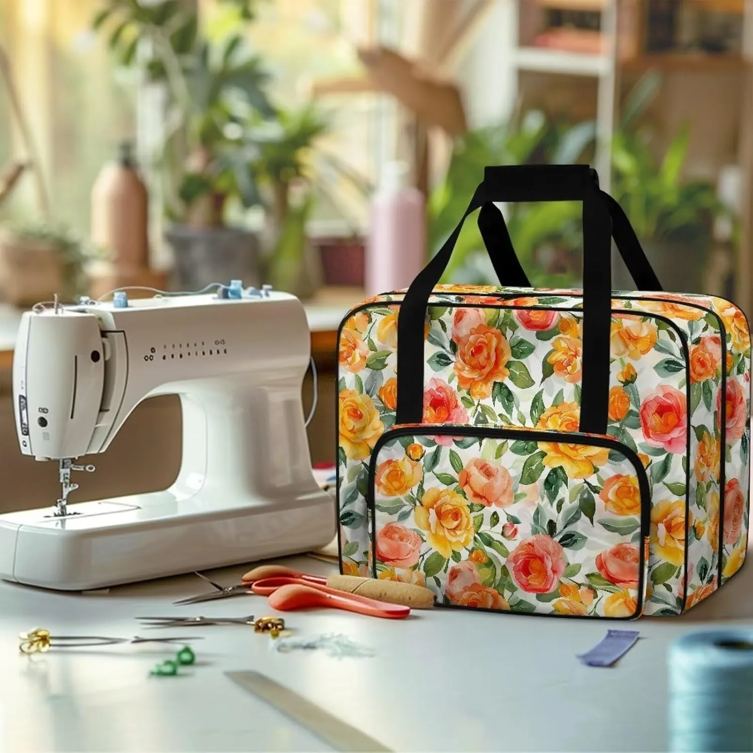 Flower Sewing Machine Case Portable Sewing Machine Handbag Large Capacity Travel Storage Carry Case with Pockets for Most Standard Sewing Machines and Accessories Gifts
