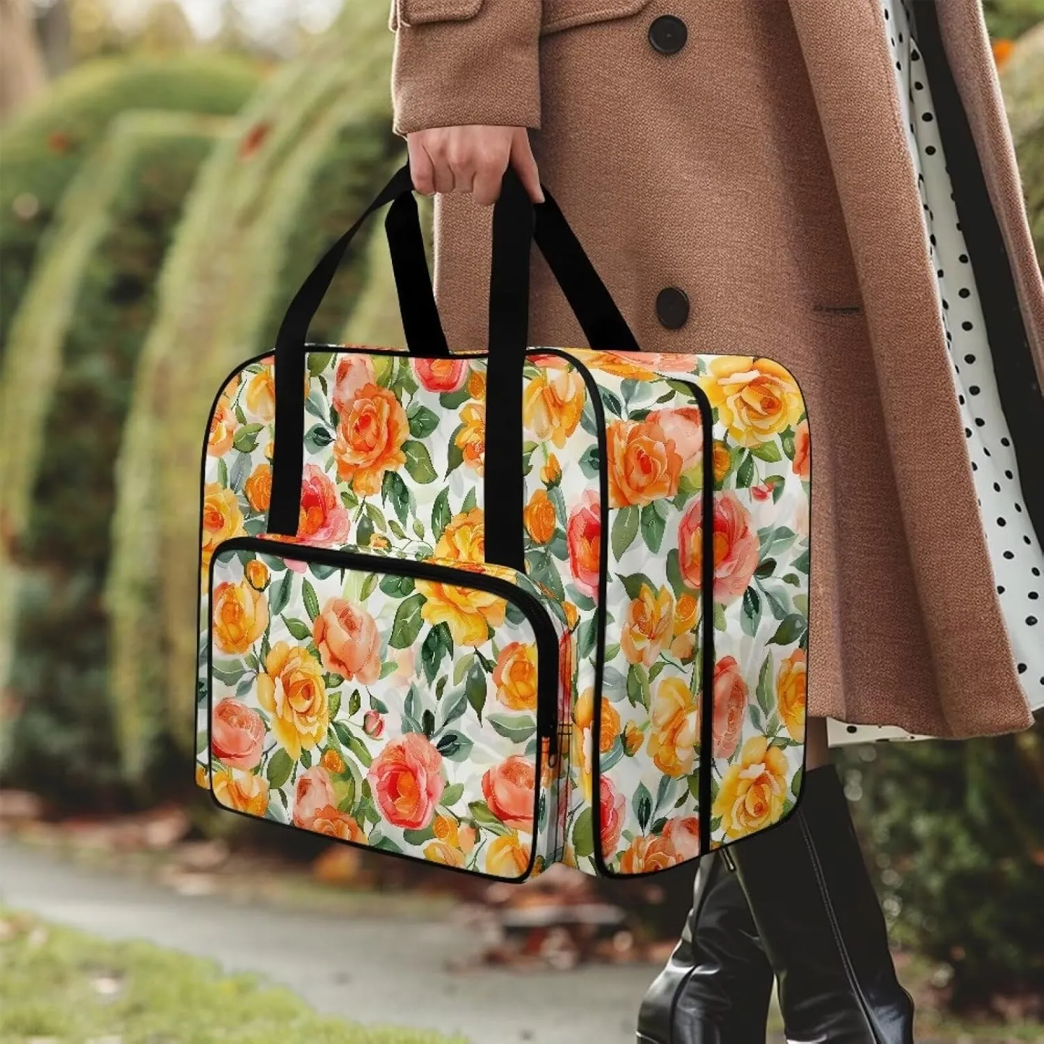 Flower Sewing Machine Case Portable Sewing Machine Handbag Large Capacity Travel Storage Carry Case with Pockets for Most Standard Sewing Machines and Accessories Gifts