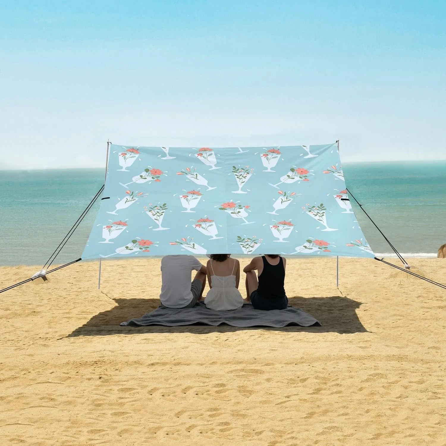 Flowers Wine Glass Beach Canopy Tent Anti-UV & Wind Resistant, Camping Sun Shelter Easy Setup Portable,Outdoor Shade Tents with Sandbags,Sand Shovels,Ground Pegs & Stability Poles