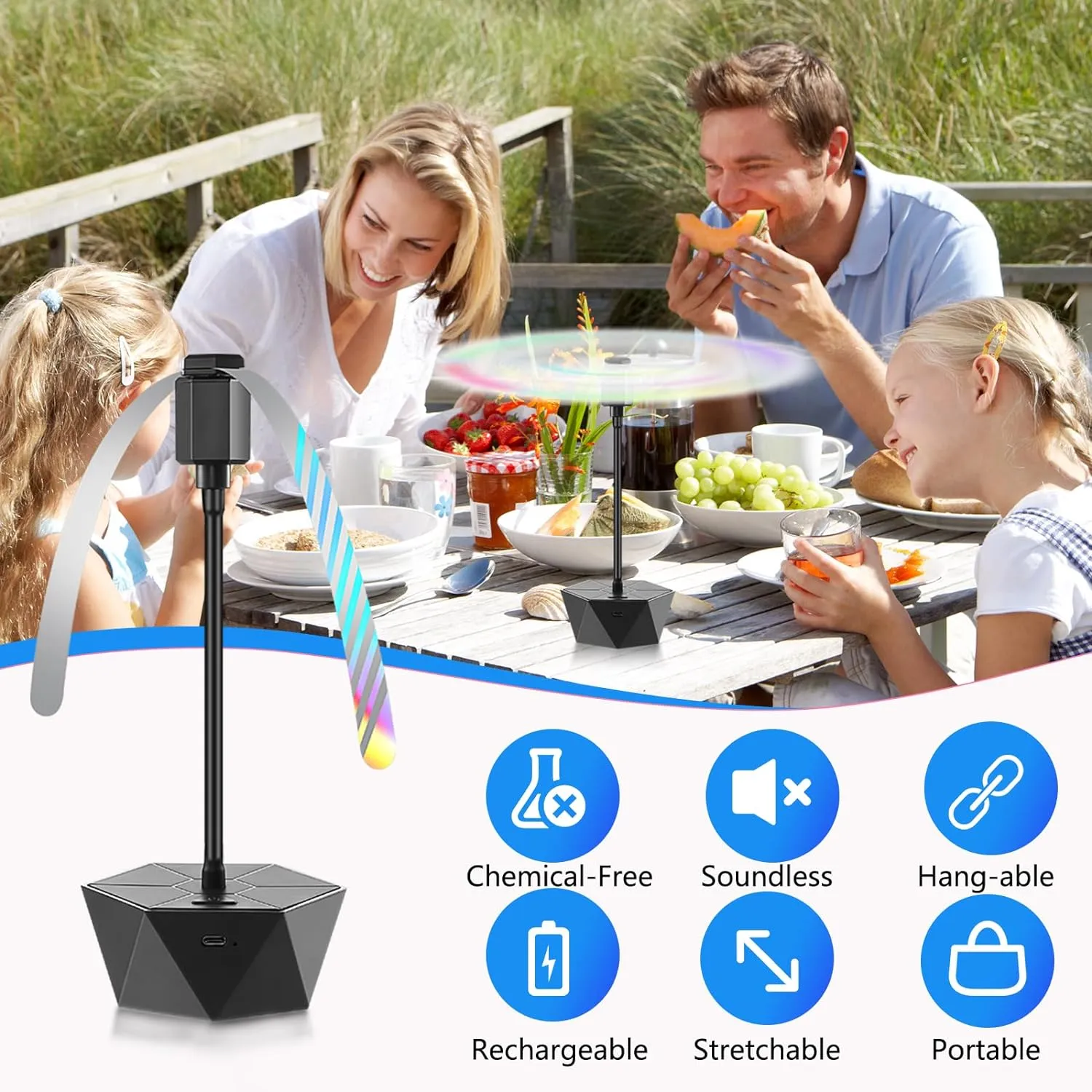 Fly Fans for Tables Rechargeable Fly Repellent Fans for Indoor Outdoor Keep Flies Away, Flies Spinner Table Top with Holographic Blades, Bug Traps for Picnic, Party, BBQ (Black, 3Packs)