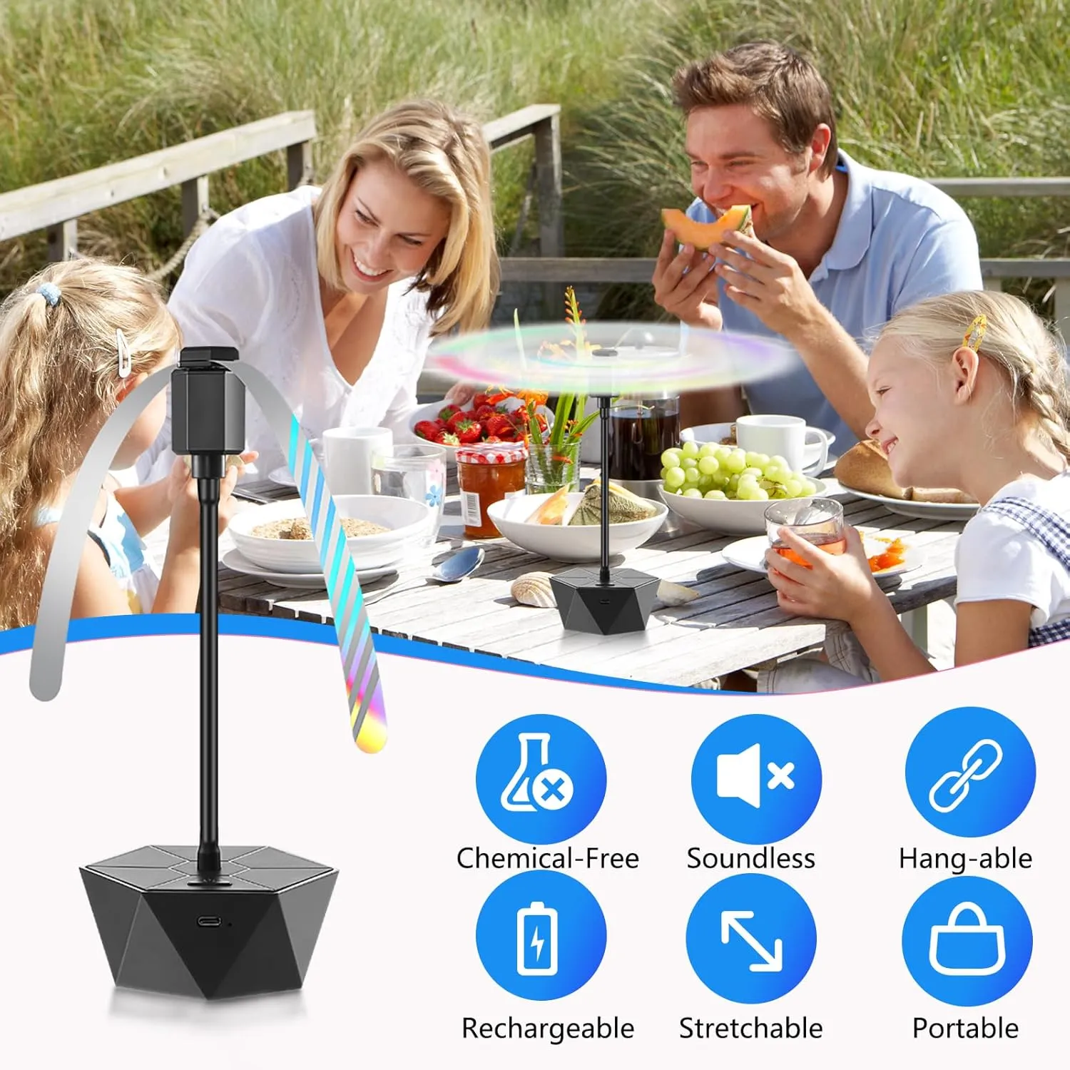 Fly Fans for Tables Rechargeable Fly Repellent Fans for Indoor Outdoor Keep Flies Away, Flies Spinner Table Top with Holographic Blades, Bug Traps for Picnic, Party, BBQ (Black, 3Packs)