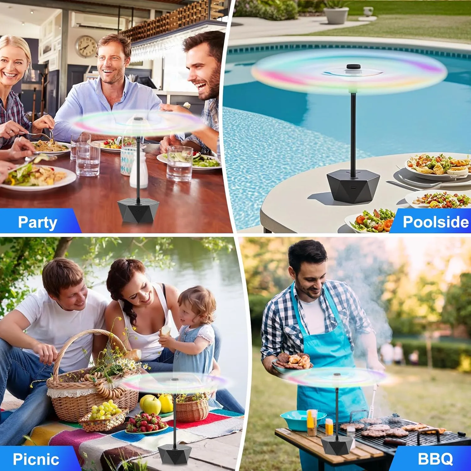 Fly Fans for Tables Rechargeable Fly Repellent Fans for Indoor Outdoor Keep Flies Away, Flies Spinner Table Top with Holographic Blades, Bug Traps for Picnic, Party, BBQ (Black, 3Packs)