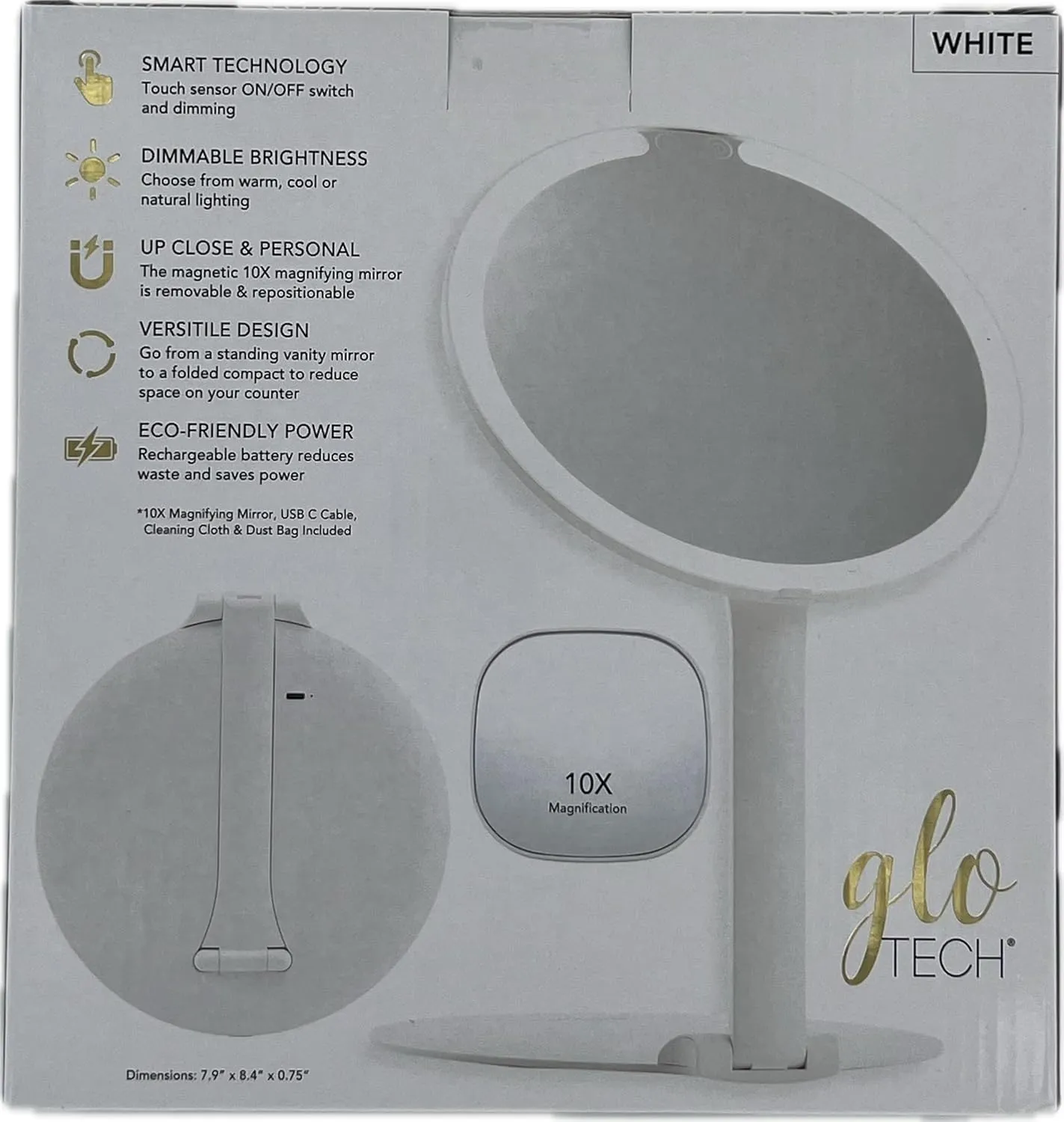 Foldable Travel Led Mirror - Touch Dimming & On/Off Swtich, 3 Light Settings, Warm, Natural & Cool, Magnetic 10X, Magnification Mirror, Folds Flat for Easy Travel (White)