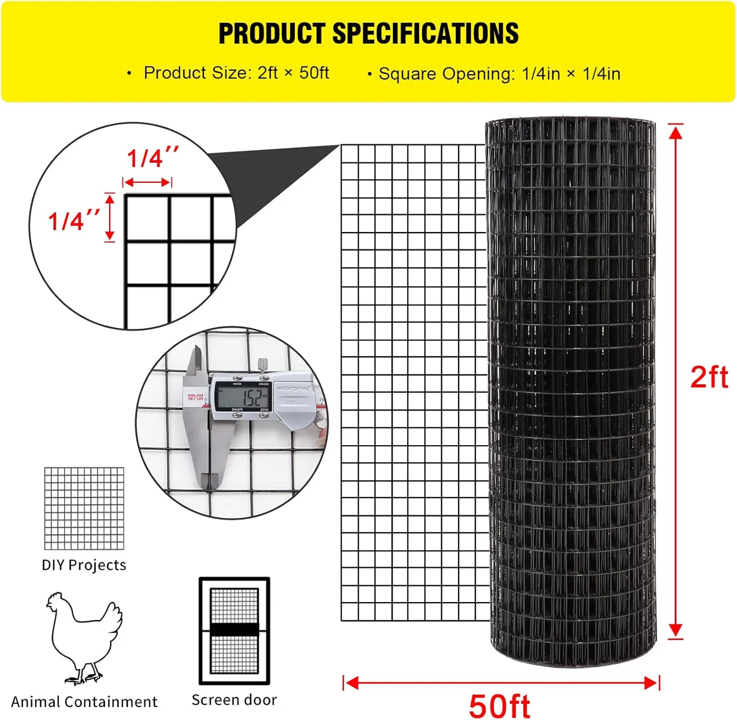 FORIMO 24'' x 50' 1/4inch Hardware Cloth 19 Gauge Black Vinyl Coated Welded Fence Mesh for Home and Garden Fence and Home