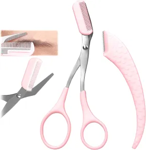 FOTN Modern Stainless Steel Eyebrow Scissors for Women & Men with Comb, Non-Slip, Portable (Pink 1pc)