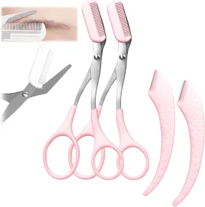 FOTN Modern Stainless Steel Eyebrow Scissors for Women & Men with Comb, Non-Slip, Portable (Pink, 2pc)