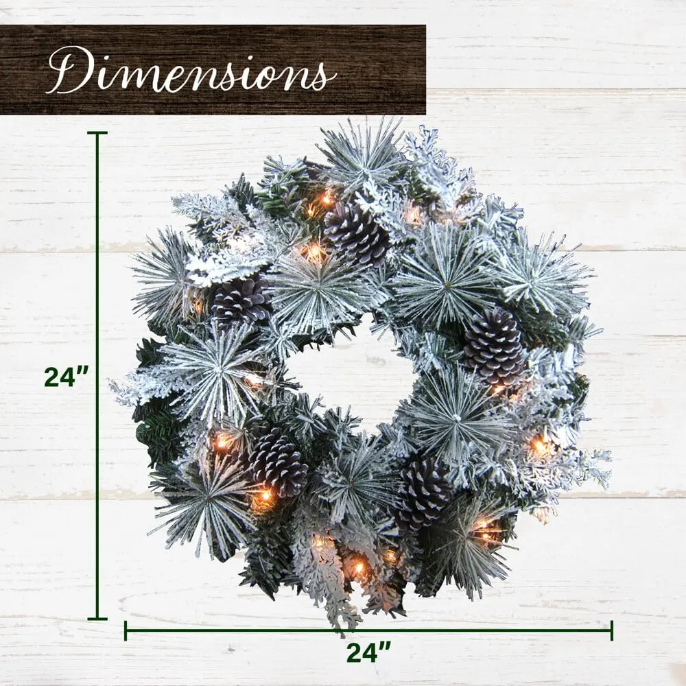 Fraser Hill Farm 24-inch Flocked Christmas Wreath with Pinecones and White LED Lights, Battery Operated Artificial Holiday Hanging Decoration for Door, Wall, Mantel