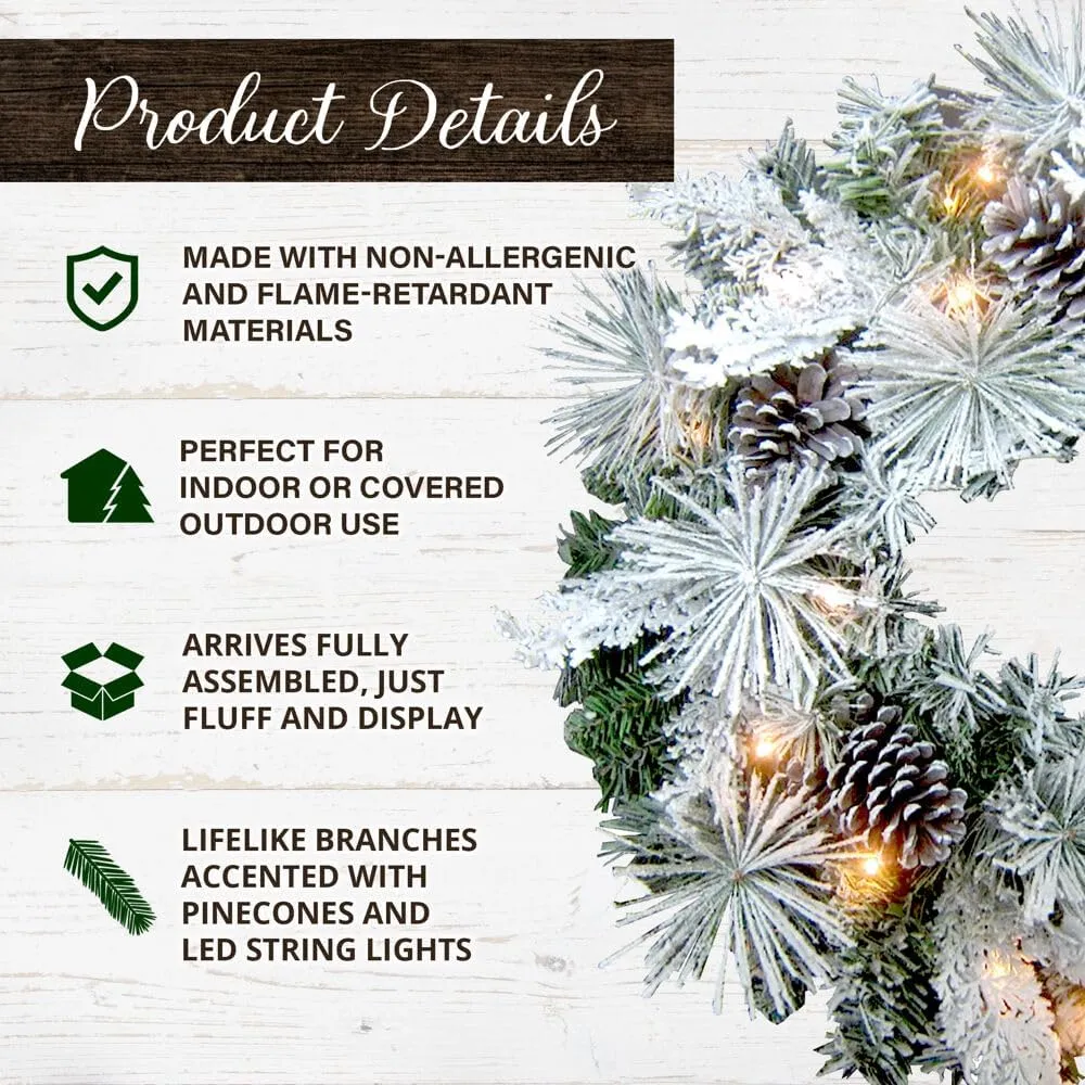 Fraser Hill Farm 24-inch Flocked Christmas Wreath with Pinecones and White LED Lights, Battery Operated Artificial Holiday Hanging Decoration for Door, Wall, Mantel