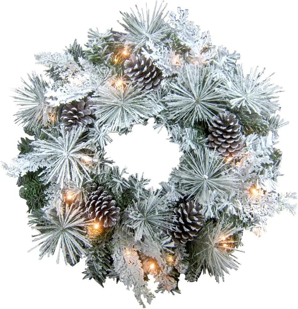 Fraser Hill Farm 24-inch Flocked Christmas Wreath with Pinecones and White LED Lights, Battery Operated Artificial Holiday Hanging Decoration for Door, Wall, Mantel