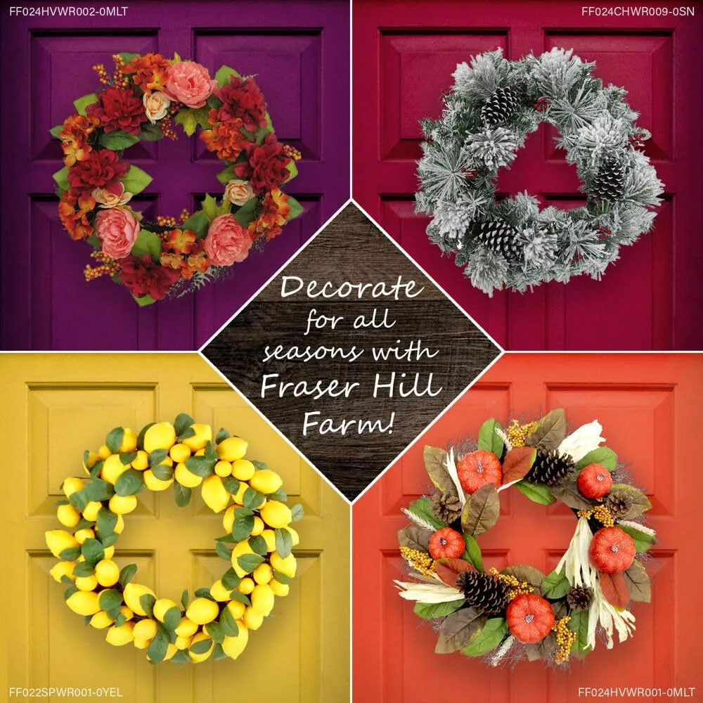 Fraser Hill Farm 24-inch Flocked Christmas Wreath with Pinecones and White LED Lights, Battery Operated Artificial Holiday Hanging Decoration for Door, Wall, Mantel