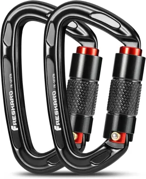 FresKaro UIAA Certified 25KN Auto Locking Climbing Carabiner Clips, Twist Lock, and Heavy Duty Carabiners for Rock Climbing, Rappelling, and Mountaineering, D Shaped 3.93 Inch, Large Size, Black