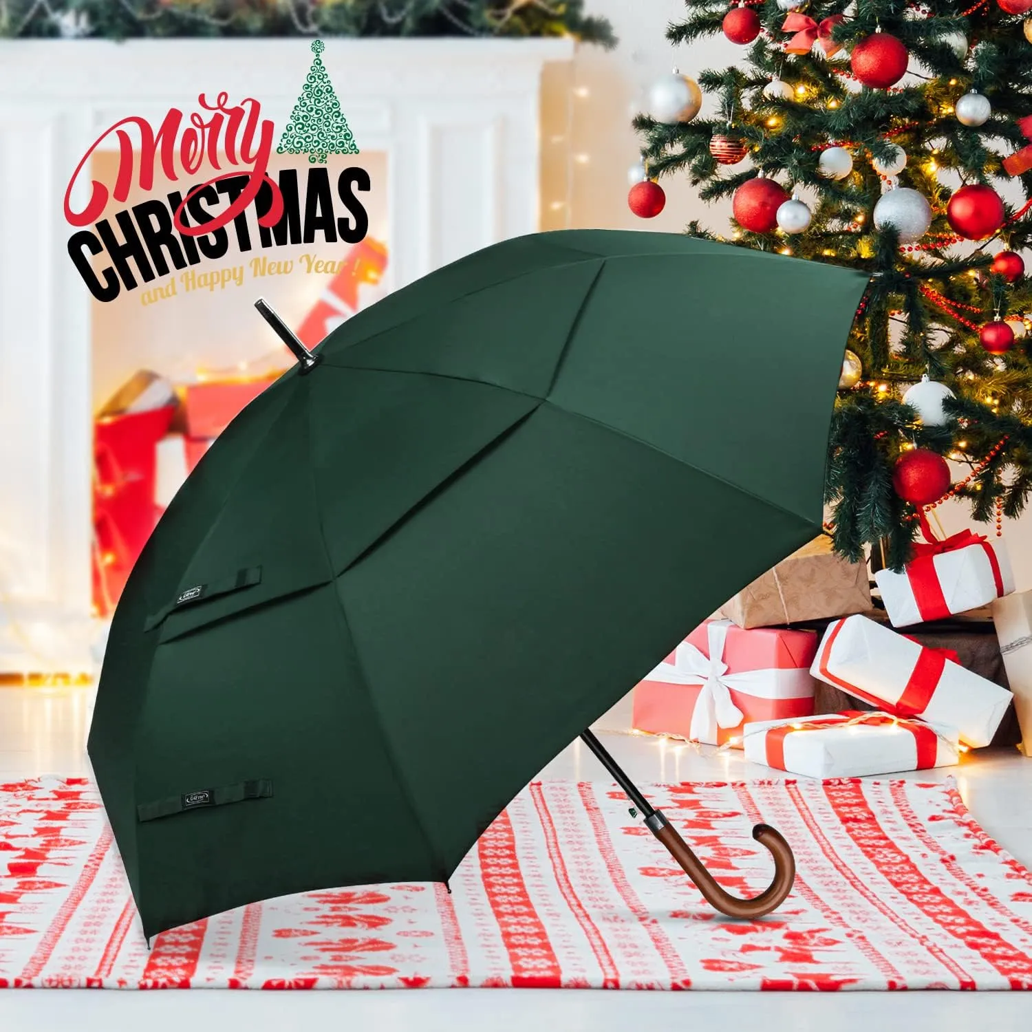 G4Free 52/62inch Wooden J Handle Golf Umbrella Windproof UV Protection Classic Stick Wedding Cane Umbrellas, Auto Open Cane Hook Handle