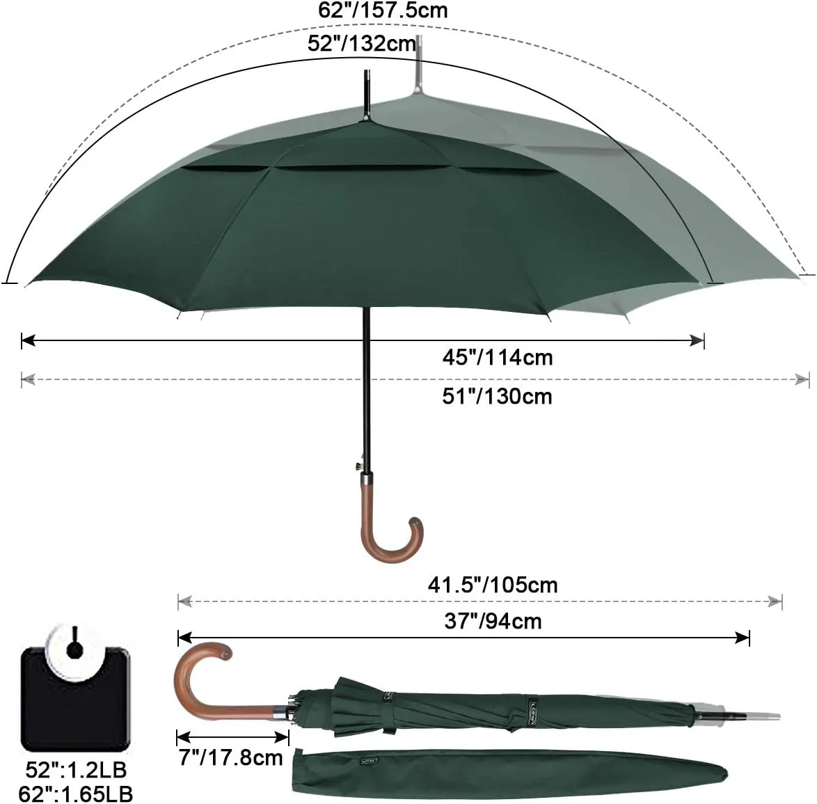 G4Free 52/62inch Wooden J Handle Golf Umbrella Windproof UV Protection Classic Stick Wedding Cane Umbrellas, Auto Open Cane Hook Handle