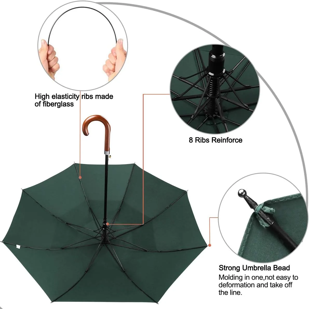 G4Free 52/62inch Wooden J Handle Golf Umbrella Windproof UV Protection Classic Stick Wedding Cane Umbrellas, Auto Open Cane Hook Handle