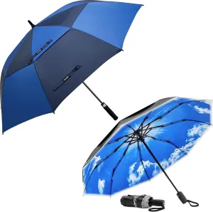 G4Free 68 Inch Automatic Open Golf Umbrella Oversize Double Canopy Windproof Stick Umbrella And 42 Inch Strongest Windproof Travel Umbrella for Rain Sun, Double Canopy with Reflective Strip, Automatic
