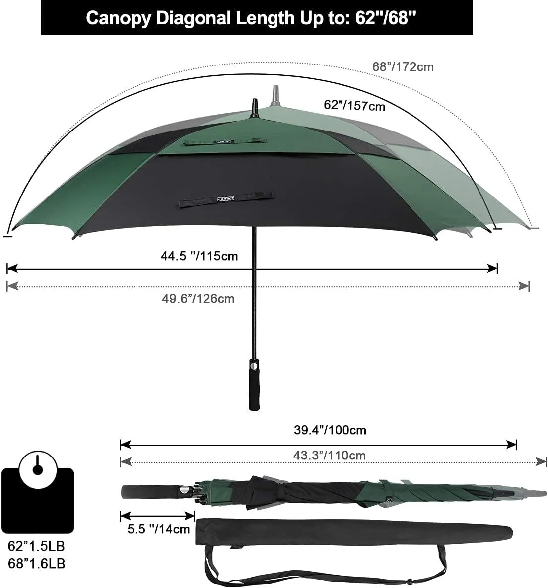 G4Free Extra Large Golf Umbrella 62/68 inch Square Vented Windproof Auto Open Double Canopy Oversized Stick Umbrella